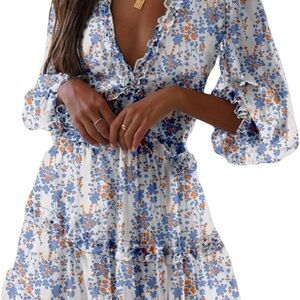 Floral Ruffle Dress in Blue and Orange